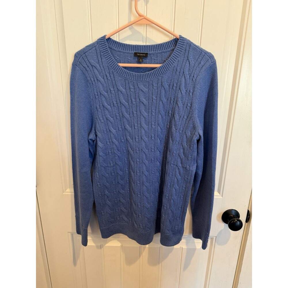 Talbots Womens XL Blue Cable Knit Sweater Crew Neck Cotton Blend Pullover